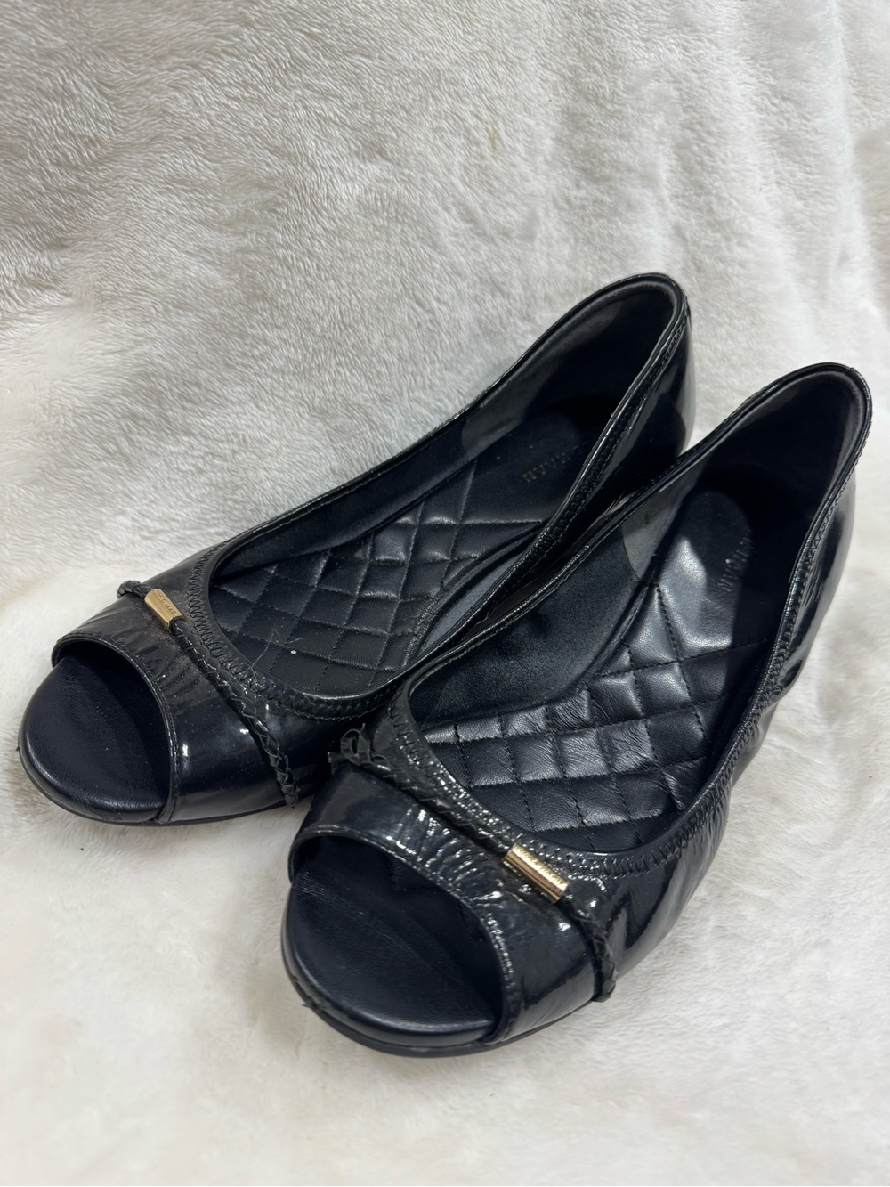 Cole Haan Black Quilted Peep-Toe Flats with Gold Accent